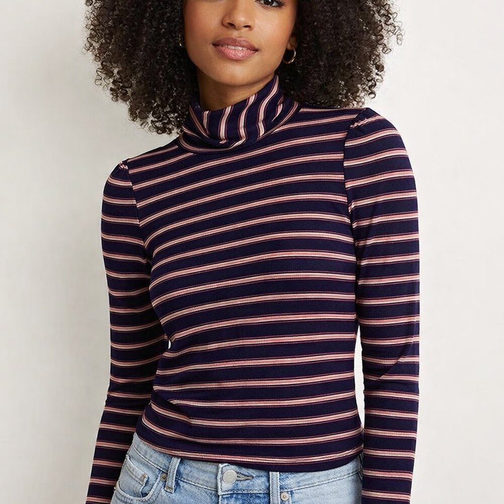 Evereve Essential Navy and Red Striped Turtleneck Top Size S